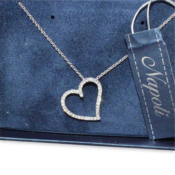 Napoli Open Heart Pendant Necklace Rhinestone Silver Tone New With Box - Picture 2 of 5